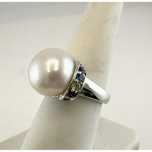 Honora Pearl Ring Sterling Silver 925 Multicolor Gemstones sz 8 Solitaire White